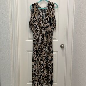 RND 2X Leopard Print Cold Shoulder Maxi Dress